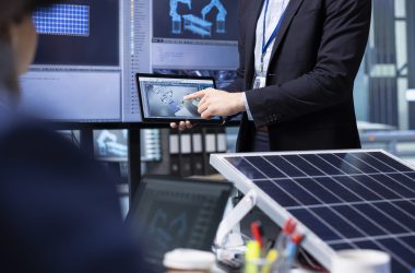 Investors examine solar panel surface using tablet, discussing design efficiency Investors examine solar panel surface using tablet, discussing design efficiency in factory office. Businessmen holding device meeting to chat about technical improvements to solar cells, closeup